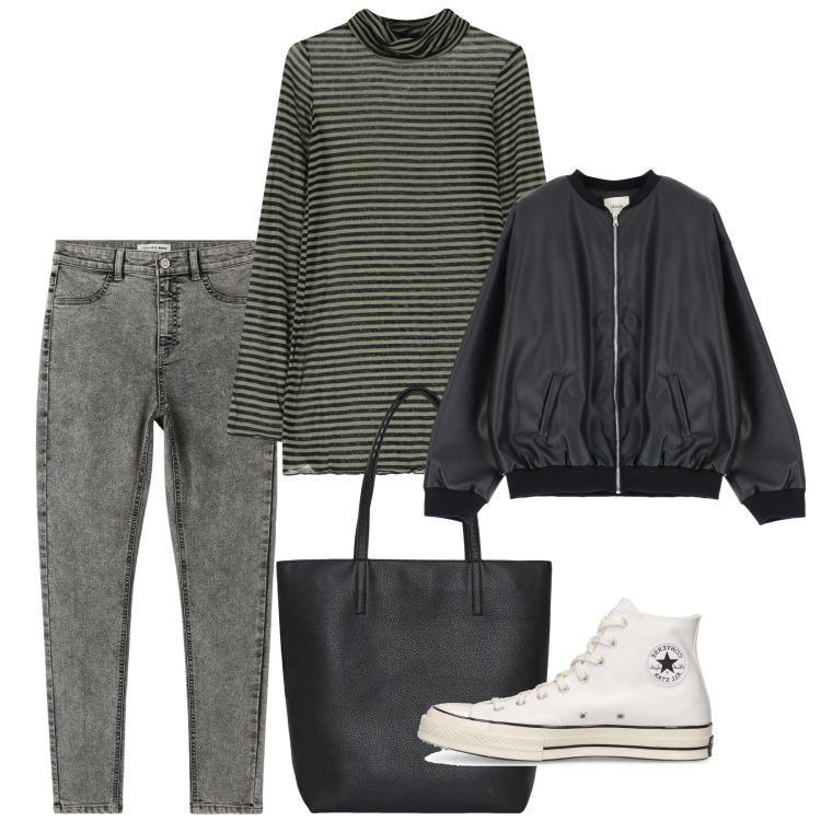 Outfit donna - La spesa in città. Stile Basic per Tutti i giorni. Abbinamento con borse tote, jeggings, maglieria, bomber, sneakers.