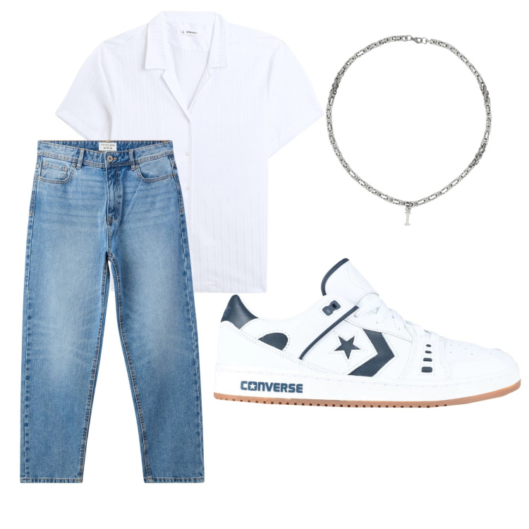 Outfit uomo - Total blu&white. Stile Casual per Mare. Abbinamento con sneakers, camicie a manica corta, jeans, collane.
