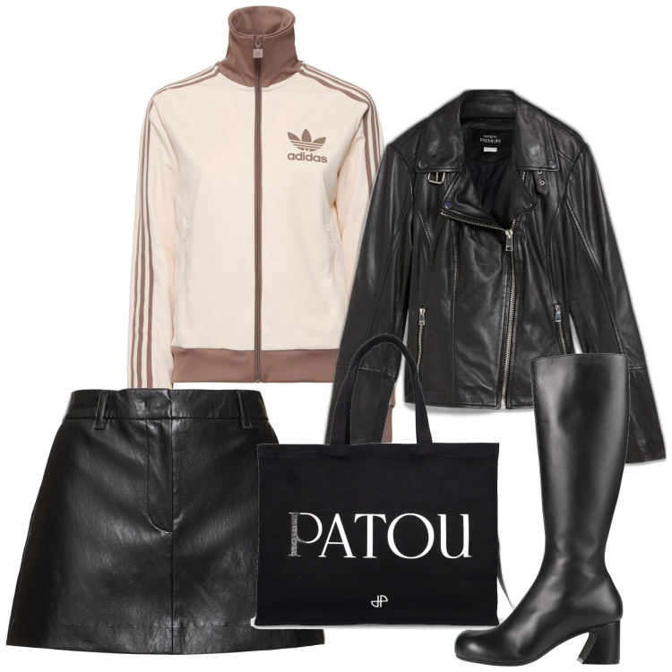 Outfit donna - Rock. Stile Rock per Tutti i giorni. Abbinamento con blazer, stivali, shopping bag, minigonne, top sportivi.