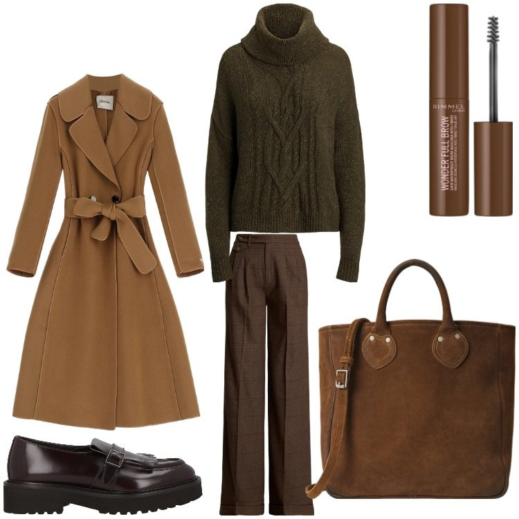 Outfit donna - Mocha. Stile Casual chic per Ufficio. Abbinamento con mocassini, mascara, borse tote, pantaloni, maglieria, cappotti.