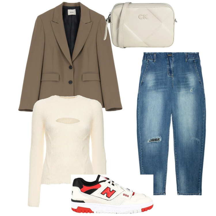Outfit donna - City. Stile Basic per Tutti i giorni. Abbinamento con borse a tracolla, sneakers, blazer, jeans dritti, maglieria.