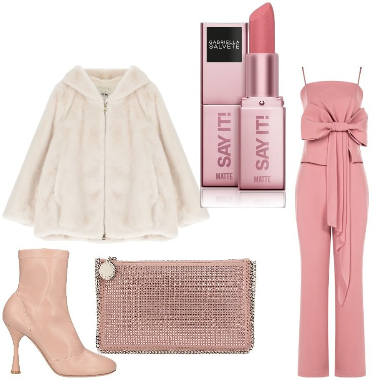 Outfit donna - Fiocchi e pailettes. Stile Chic per Serata fuori. Abbinamento con stivaletti, rossetti, tute, blazer, pochette.