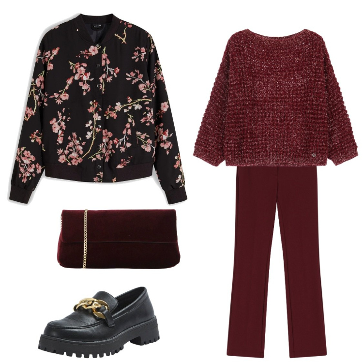 Outfit donna - Bordeaux e fiori. Stile Casual per Tutti i giorni. Abbinamento con bomber, mocassini, pantaloni, maglieria, pochette.