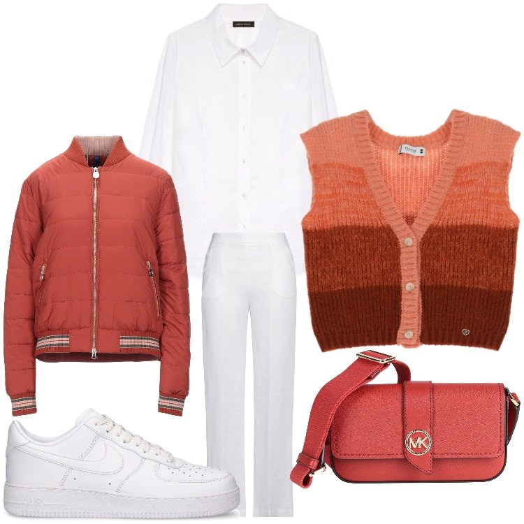 Outfit donna - Serata easy. Stile Sporty chic per Serata fuori. Abbinamento con borse a tracolla, pantaloni, piumini, maglieria, camicie, sneakers.