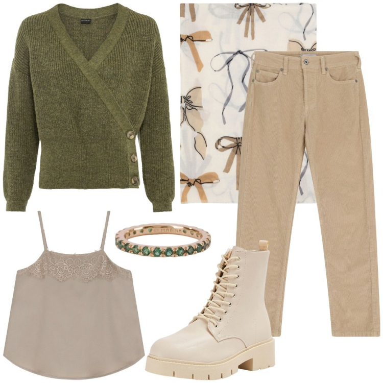 Outfit donna - Fuori città. Stile Casual chic per Tutti i giorni. Abbinamento con maglieria, anfibi, anelli, pantaloni, sciarpe, top.