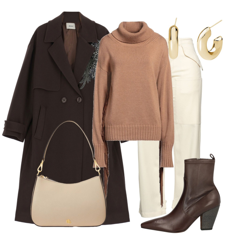 Outfit donna - Toni caldi del marrone. Stile Chic per Tutti i giorni. Abbinamento con pantaloni, maglieria, stivaletti, orecchini, borse a spalla, cappotti.