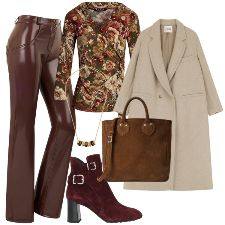 Outfit donna - Speciale: Mocha Mousse pantone 2025. Stile Chic per Tutti i giorni. Abbinamento con stivaletti, pantaloni, blazer, collane, top, borse tote.