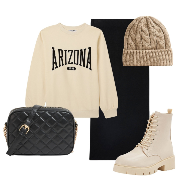 Outfit donna - Beige e nero Terranova. Stile Casual per Tutti i giorni. Abbinamento con borse a tracolla, berretti, gonne longuette, felpe, anfibi.