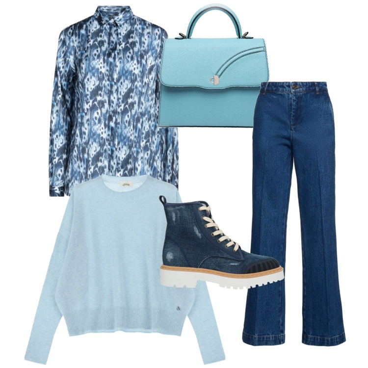 Outfit donna - Blu. Stile Basic per Tutti i giorni. Abbinamento con stivaletti, camicie, pullovers, borse a mano, jeans.