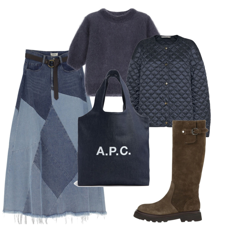 Outfit donna - Blu. Stile Urban per Tutti i giorni. Abbinamento con stivali, gonne longuette, maglieria, shopping bag, giacche.