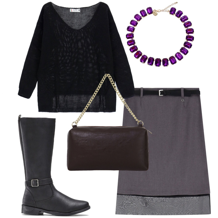 Outfit donna - Total look #2048283. Stile Urban per Tutti i giorni. Abbinamento con stivali, maglieria, gonne, borse a tracolla, collane.