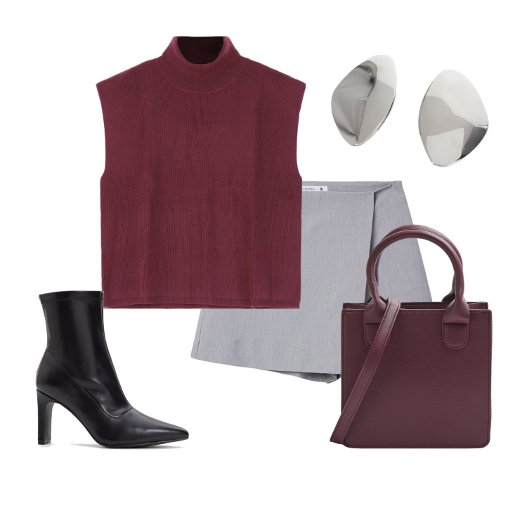 Outfit donna - Borgogna. Stile Glamour per Serata fuori. Abbinamento con stivaletti, minigonne, shopping bag, maglieria, orecchini.
