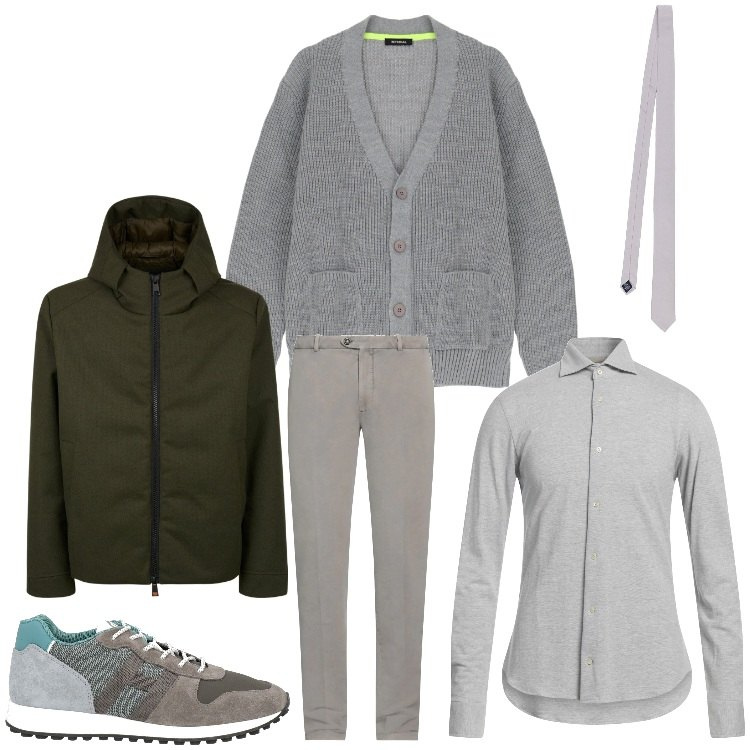 Outfit uomo - Grigio e cardigan. Stile Business/Elegante per Ufficio. Abbinamento con camicie, sneakers, pantaloni, cardigans, giacche, cravatte.