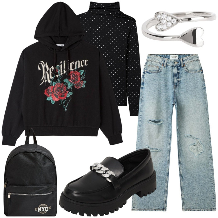 Outfit donna - Outfit per la scuola. Stile Urban per Scuola/Università. Abbinamento con mocassini, felpe con cappuccio, zaini, jeans strappati, t-shirt, anelli.