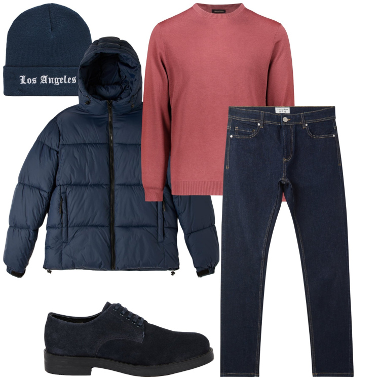 Outfit uomo - Non solo blu. Stile Urban per Ufficio. Abbinamento con jeans skinny, piumini, berretti, maglieria, scarpe stringate.