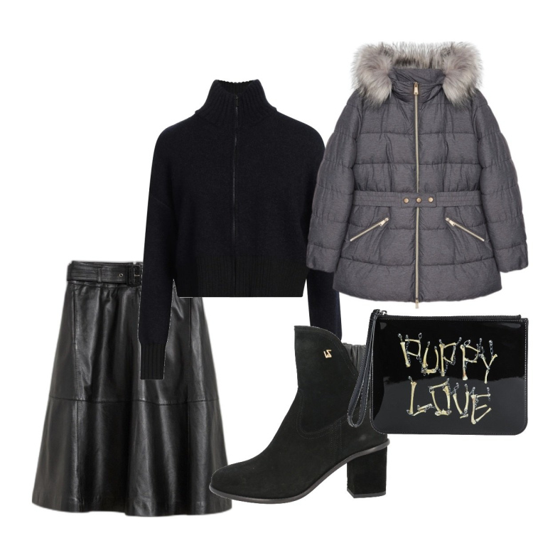 Outfit donna - Afternoon. Stile Casual per Tutti i giorni. Abbinamento con gonne, stivaletti, borse a mano, cardigans, piumini.