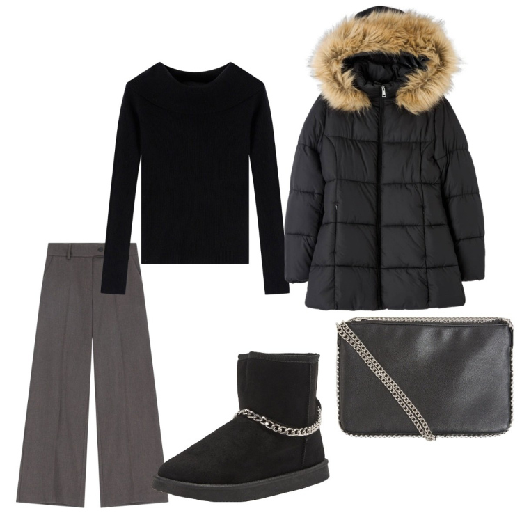 Outfit donna - Pomeriggio. Stile Casual per Tutti i giorni. Abbinamento con borse a tracolla, piumini, stivaletti, pantaloni a palazzo, pullovers.
