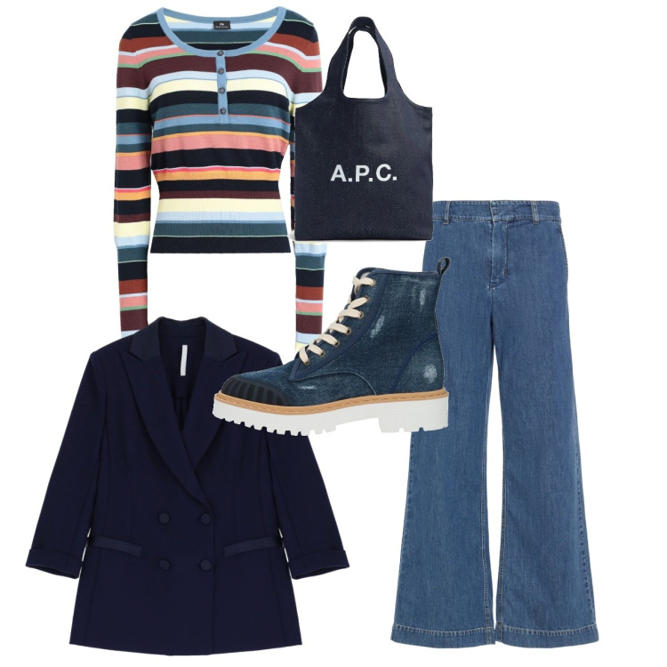 Outfit donna - Righe. Stile Basic per Tutti i giorni. Abbinamento con stivaletti, pullovers, blazer, jeans, shopping bag.