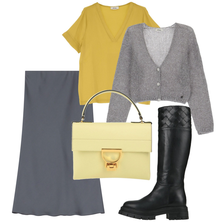 Outfit donna - Voglia di.primo sole. Stile Bon Ton per Tutti i giorni. Abbinamento con stivali, borse a mano, gonne, cardigans, t-shirt.