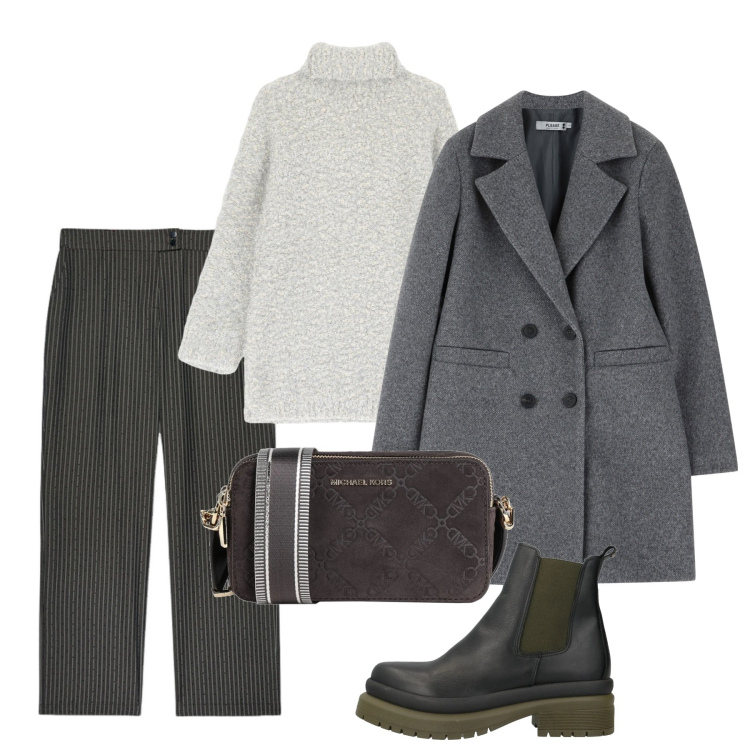 Outfit donna - Gessato grigio. Stile Bon Ton per Tutti i giorni. Abbinamento con stivaletti, borse a tracolla, pantaloni, cappotti, maglieria.