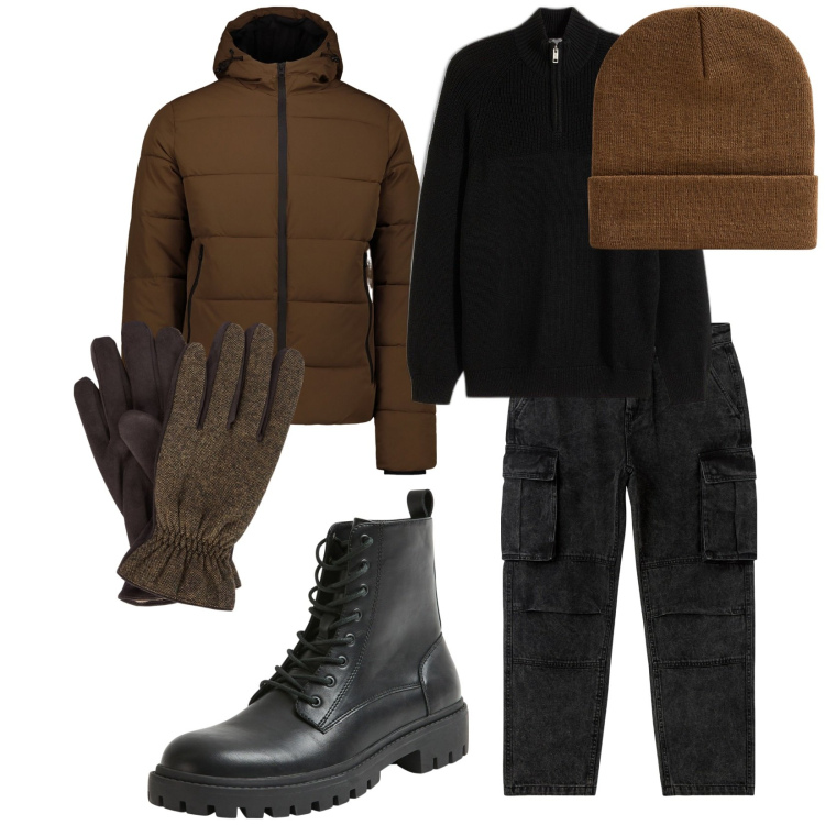 Outfit uomo - Oggi freddo. per Tutti i giorni. Abbinamento con maglieria, anfibi, berretti, jeans, piumini, guanti.