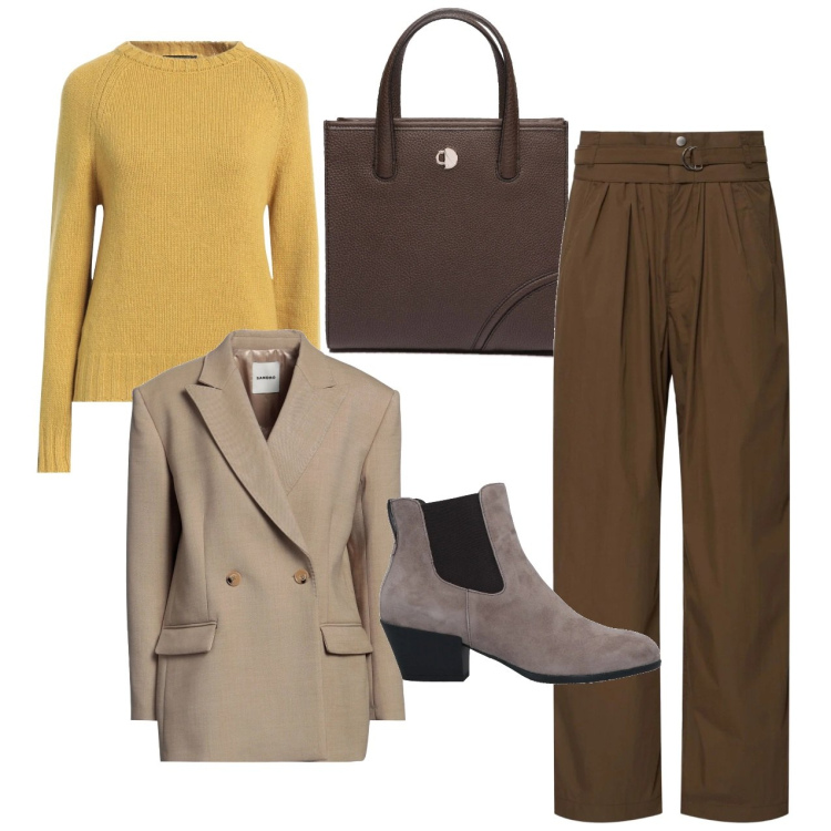Outfit donna - Al lavoro. Stile Bon Ton per Tutti i giorni. Abbinamento con stivaletti chelsea, pullovers, blazer, pantaloni, shopping bag.