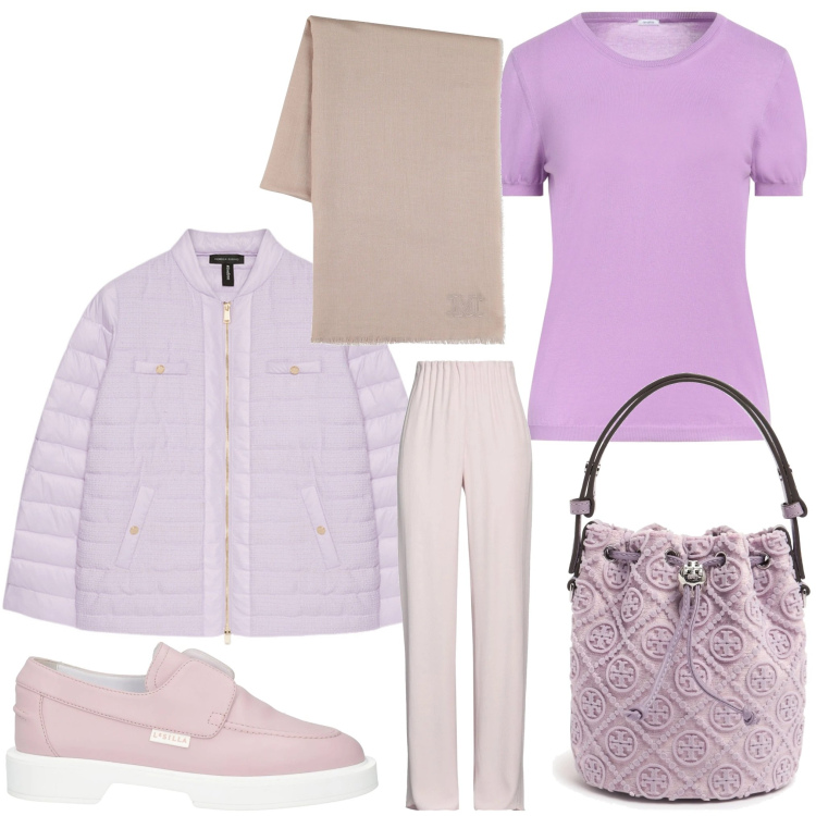 Outfit donna - Viola easy. Stile Casual per Tutti i giorni. Abbinamento con mocassini, pullovers, pantaloni, piumini, borse a secchiello, sciarpe.