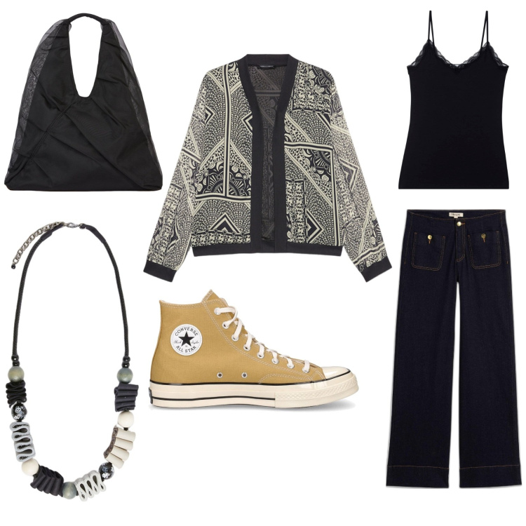 Outfit donna - Black and lime. Stile Urban per Tutti i giorni. Abbinamento con jeans, canottiere, shopping bag, blazer, sneakers, collane.