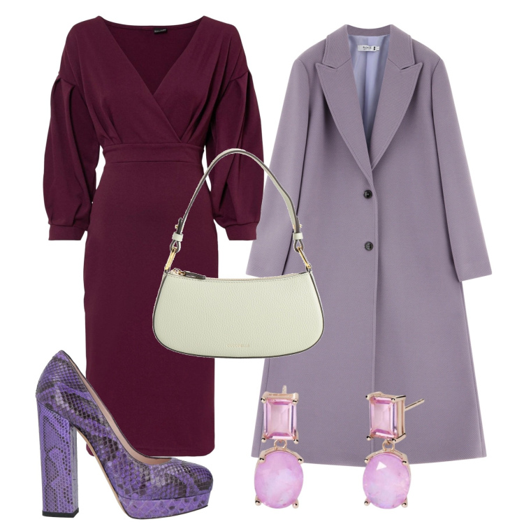 Outfit donna - Cerimonia malva. Stile Chic per Cerimonia. Abbinamento con vestiti, décolleté, borse a mano, orecchini, cappotti.