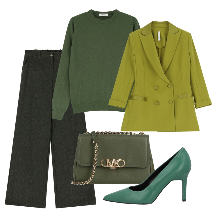 Outfit donna - Saint Patrick. Stile Bon Ton per Tutti i giorni. Abbinamento con décolleté, borse a tracolla, blazer, maglieria, pantaloni a palazzo.
