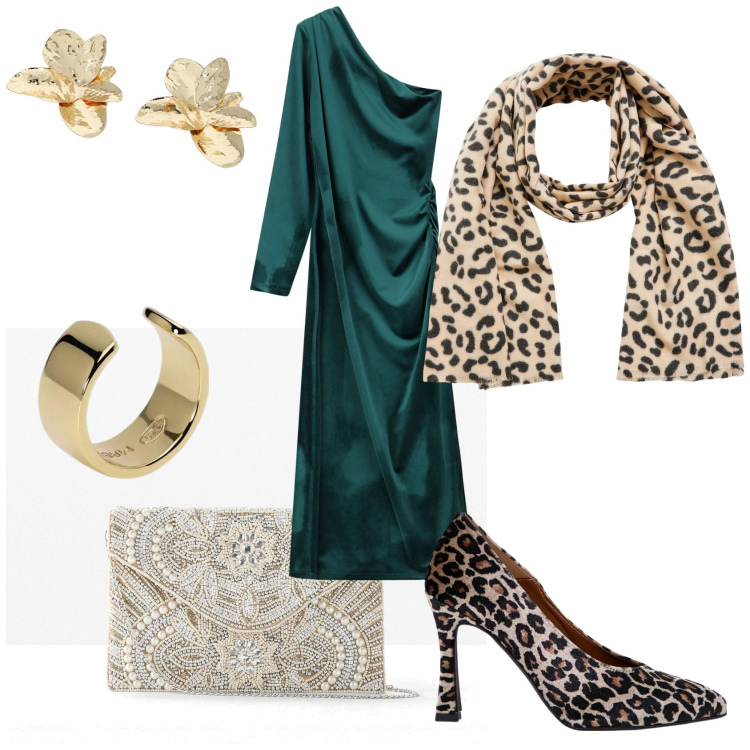 Outfit donna - Animalier. Stile Glamour per Serata fuori. Abbinamento con pochette, sciarpe, orecchini, décolleté, orecchini, vestiti asimmetrici.