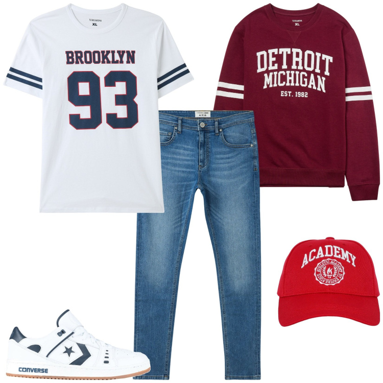 Outfit uomo - College style. Stile Casual per Tutti i giorni. Abbinamento con sneakers, cappelli, jeans slim fit, t-shirt, felpe.