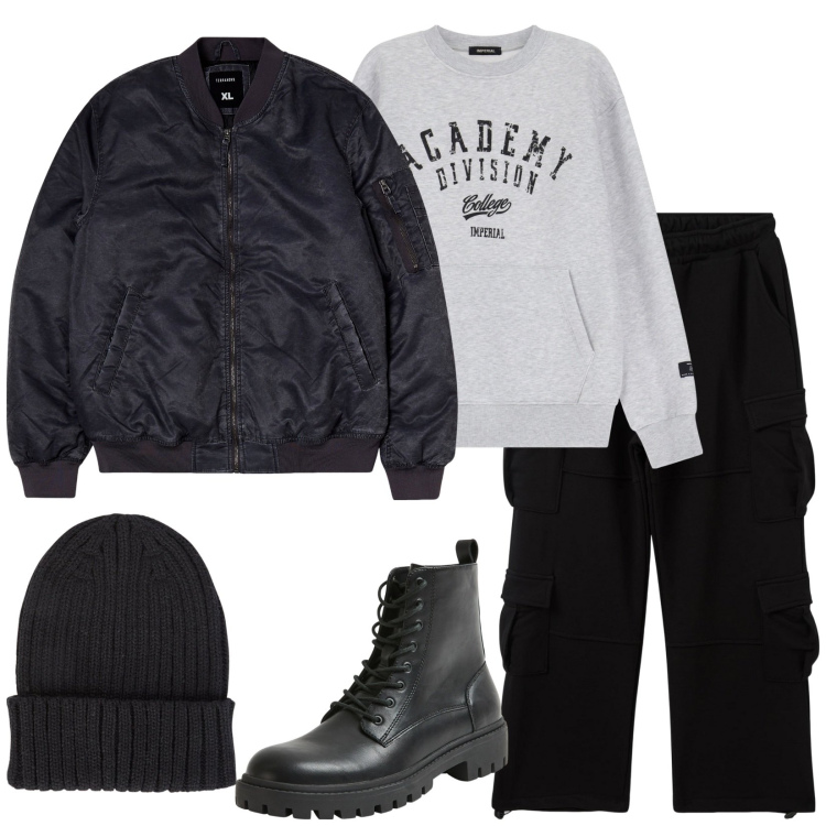 Outfit uomo - Marco. Stile Urban per Tutti i giorni. Abbinamento con bomber, pantaloni cargo, anfibi, felpe, berretti.