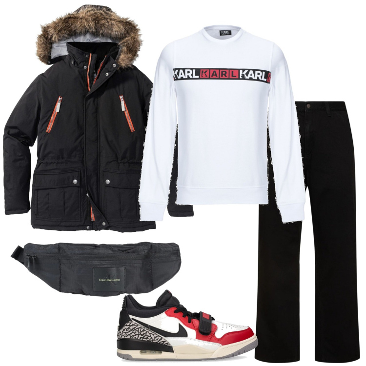 Outfit uomo - Total look #2048389. Stile Casual per Tutti i giorni. Abbinamento con parka, felpa senza tasche con stampa collo tondo a maniche lunghe in cotone tinta unita, borse sportive, sneakers, jeans.