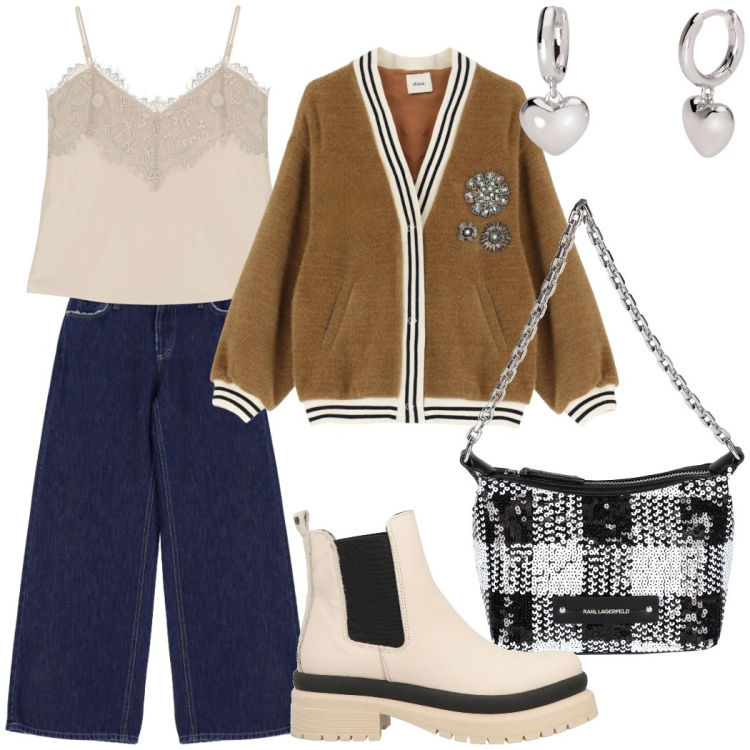 Outfit donna - Pomeriggio libero. Stile Trendy per Tutti i giorni. Abbinamento con stivaletti, borse a mano, orecchini, top, blazer, jeans.