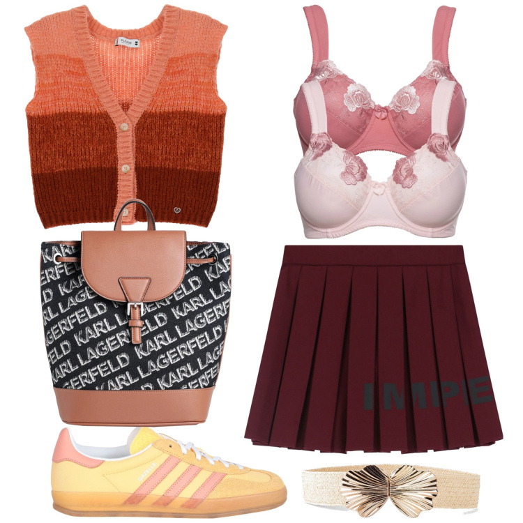 Outfit donna - Schoolgirl. Stile Preppy per Scuola/Università. Abbinamento con reggiseni, cinture, sneakers, zaini, maglieria, minigonne.