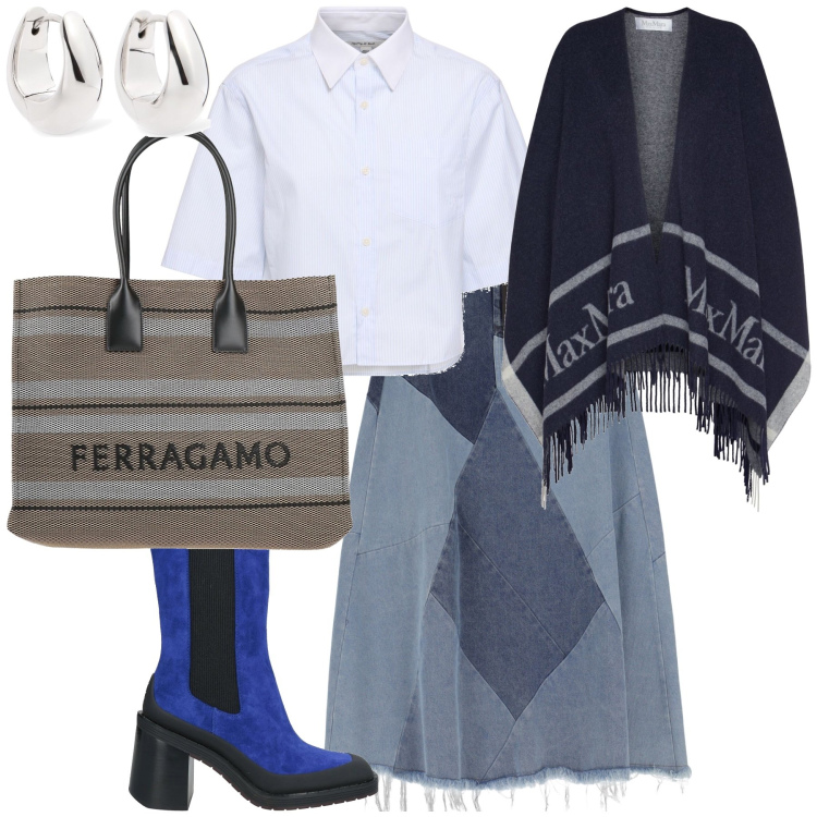 Outfit donna - Mantella e gonna jeans. Stile Trendy per Tutti i giorni. Abbinamento con stivaletti chelsea, borse a spalla, gonne longuette, camicie, cappotti, orecchini.
