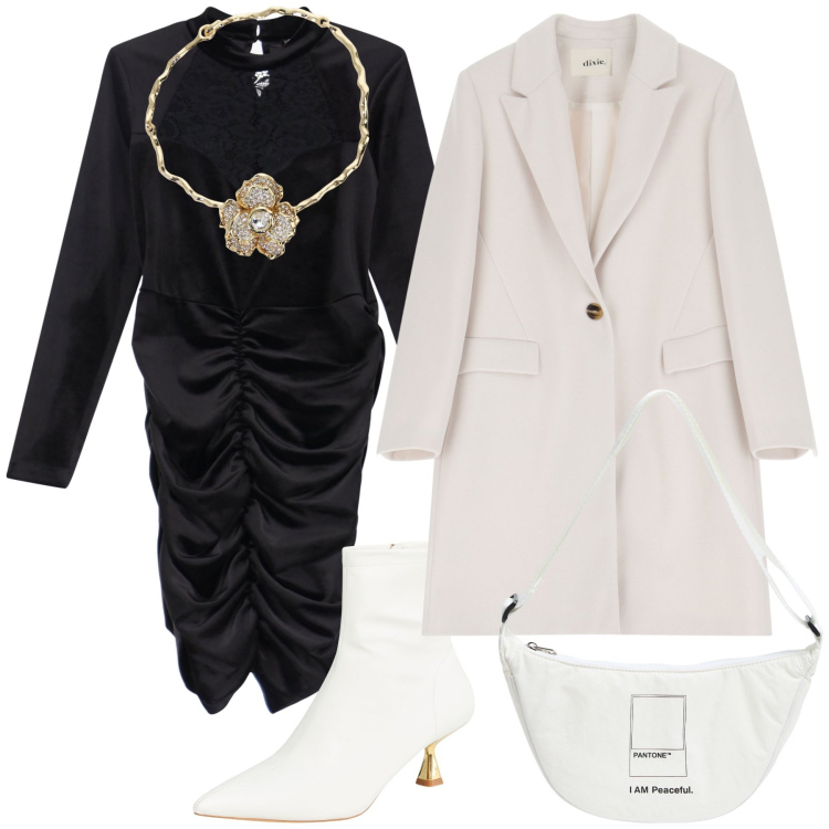 Outfit donna - La collana col fiore completa il look. Stile Glamour per Serata fuori. Abbinamento con marsupi, stivaletti, cappotti, collane, vestiti corti.