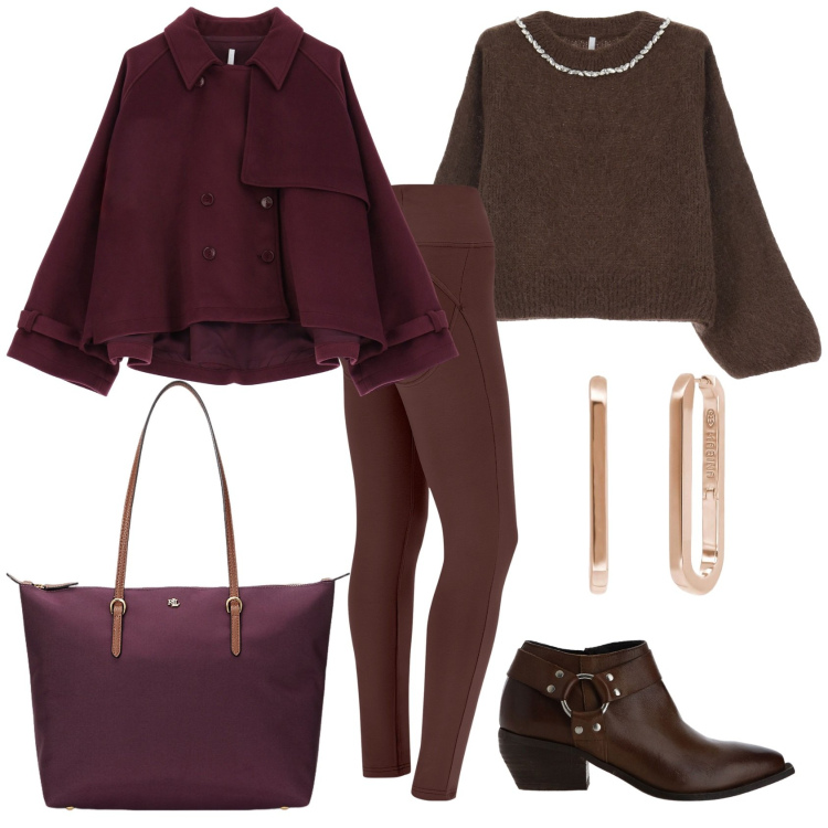 Outfit donna - Fra bordeaux e cacao. Stile Chic per Ufficio. Abbinamento con orecchini, caban, maglieria, pantaloni skinny, stivaletti, borse tote.