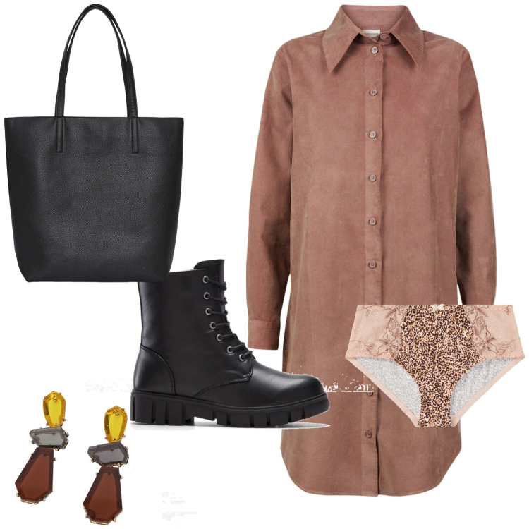 Outfit donna - Lo chemisier. Stile Basic per Tutti i giorni. Abbinamento con stivaletti, culotte, borse tote, orecchini, vestiti chemisier.
