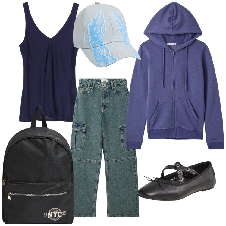 Outfit donna - Una passeggiata. Stile Casual per Tutti i giorni. Abbinamento con ballerine, jeans, zaini, felpe con cappuccio, cappelli, top.
