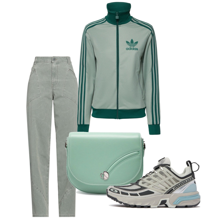 Outfit donna - Sporty. Stile Basic per Tutti i giorni. Abbinamento con pantaloni, top sportivi, sneakers, borse a tracolla.
