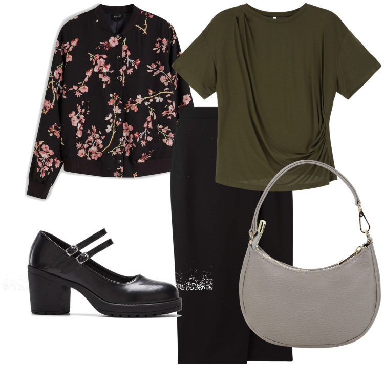 Outfit donna - I primi fiori. Stile Bon Ton per Ufficio. Abbinamento con bomber, décolleté, gonne longuette, t-shirt, borse a spalla.