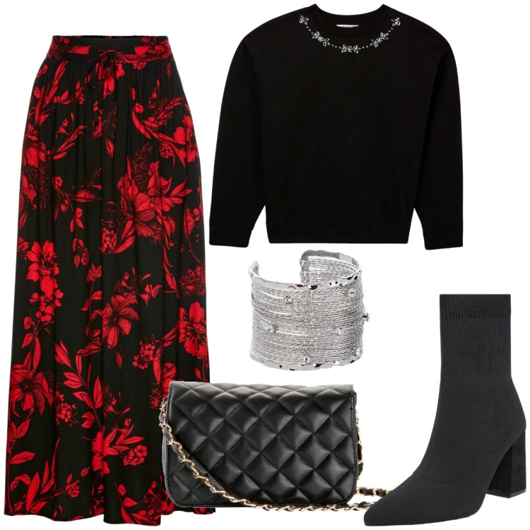 Outfit donna - Invito a cena. Stile Urban per Serata fuori. Abbinamento con gonne lunghe, borse a tracolla, felpe, stivaletti, braccialetti.