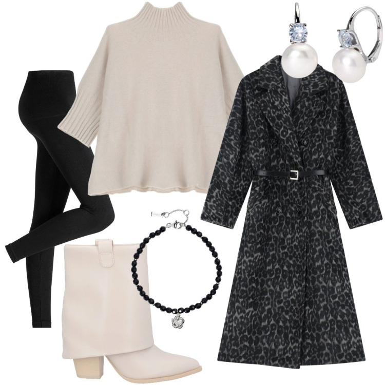 Outfit donna - Il cappotto animalier. Stile Glamour per Serata fuori. Abbinamento con leggings, stivaletti, braccialetti, orecchini, maglieria, cappotti.