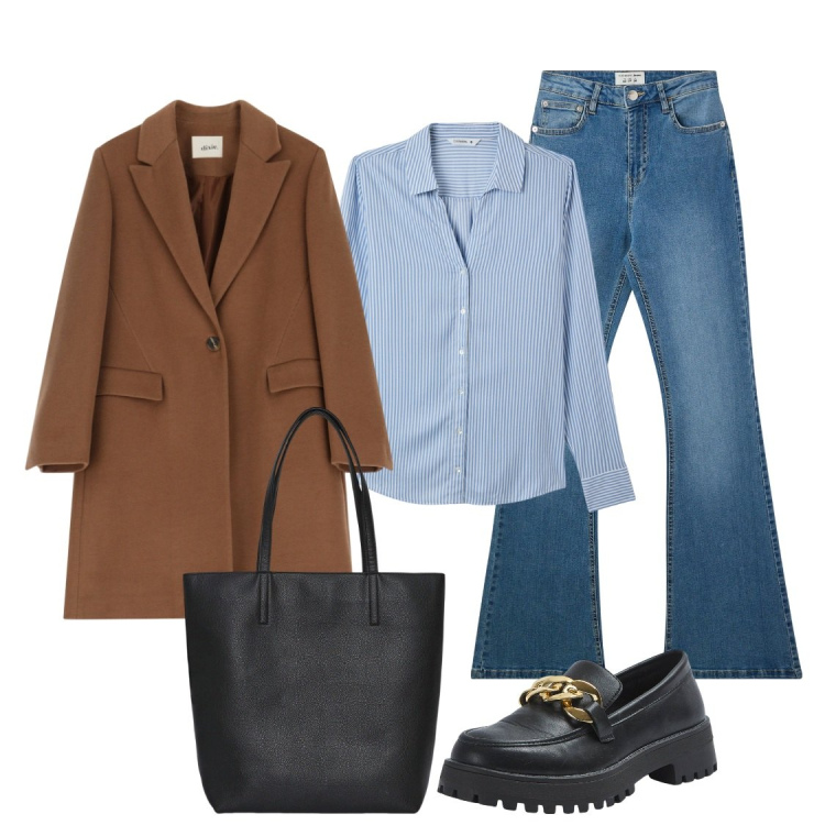 Outfit donna - Ufficio. Stile Casual per Ufficio. Abbinamento con borse tote, mocassini, camicie, jeans a zampa, cappotti.