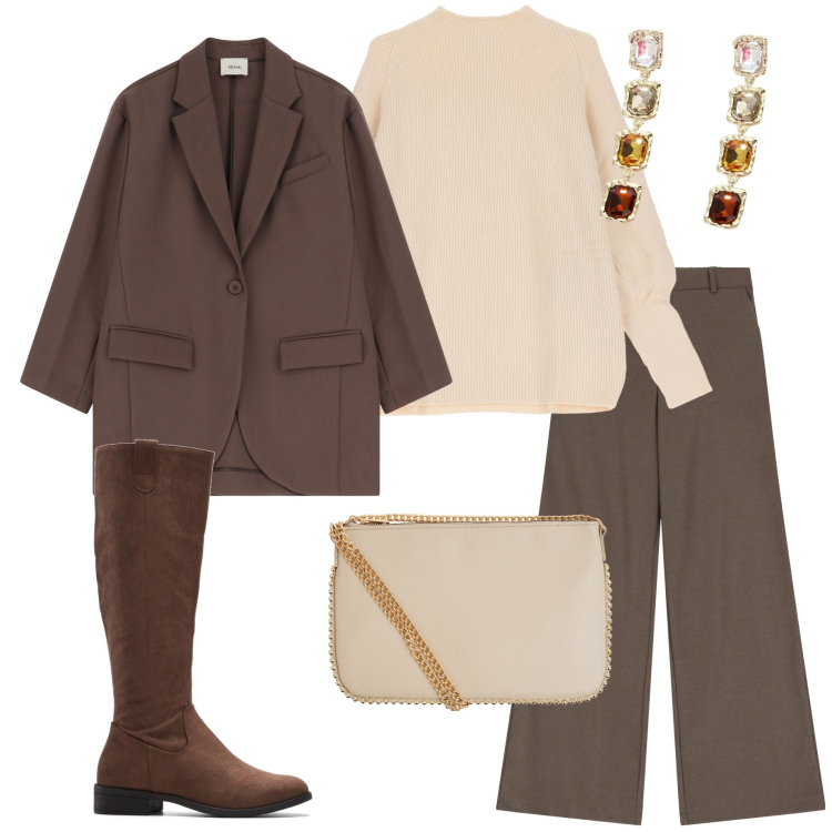 Outfit donna - Serata con le amiche. Stile Casual chic per Serata fuori. Abbinamento con stivali, borse a tracolla, maglieria, pantaloni a palazzo, orecchini, blazer.
