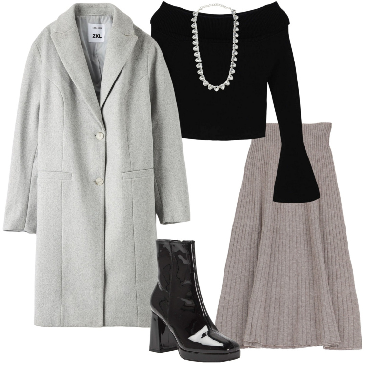 Outfit donna - In città. Stile Sporty chic per Tutti i giorni. Abbinamento con maglieria, cappotti, stivaletti, collane, gonne longuette.