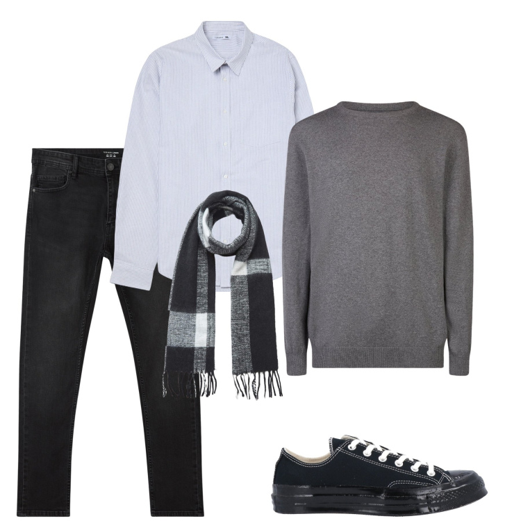 Outfit uomo - Commissioni in città. Stile Casual per Tutti i giorni. Abbinamento con sneakers, jeans skinny, sciarpe, camicie, maglieria.
