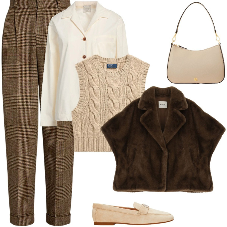 Outfit donna - Chocolate passion. Stile Casual chic per Ufficio. Abbinamento con camicie, blazer, borse a spalla, mocassini, pantaloni, maglieria.